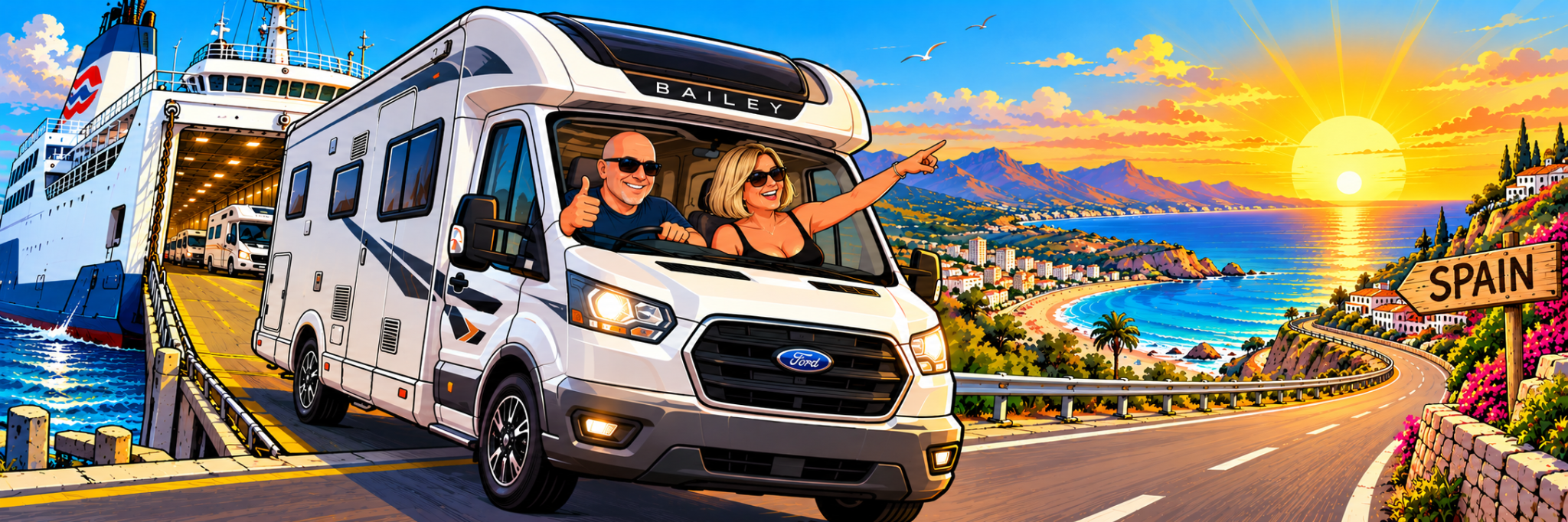 Cartoon of a couple in their motorhome leaving a ferry, with a winding coastal road leading towards the Spanish sunshine.